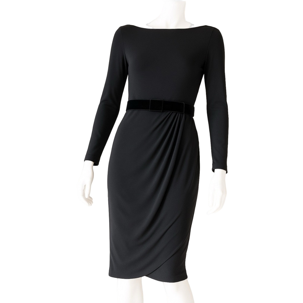 Vintage Valentino Roma Black Draped Dress with Velvet Belt Rare Retro Italian